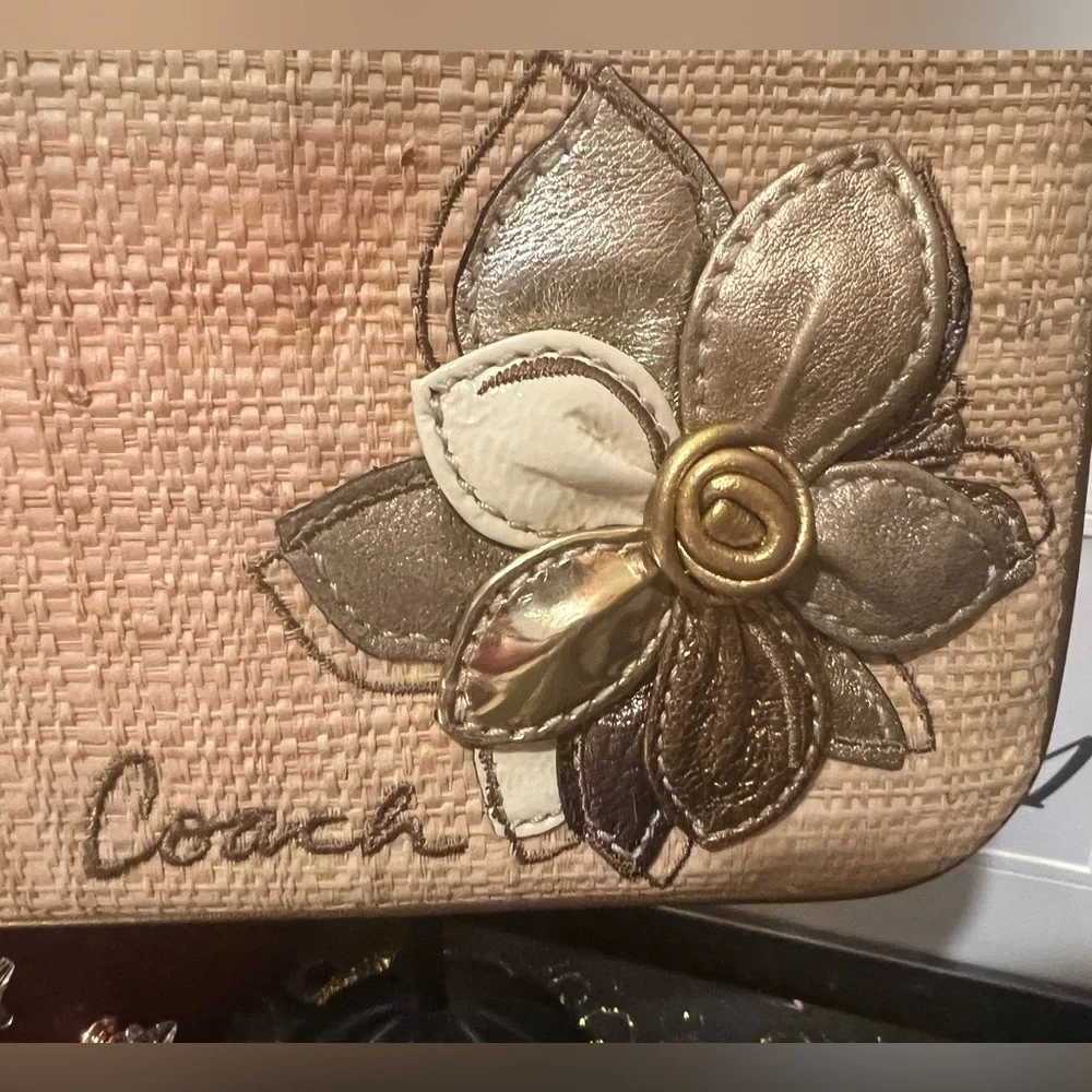 Coach Hampton Gold and Tan Woven Straw Wristlet w/ Flower Appliqué